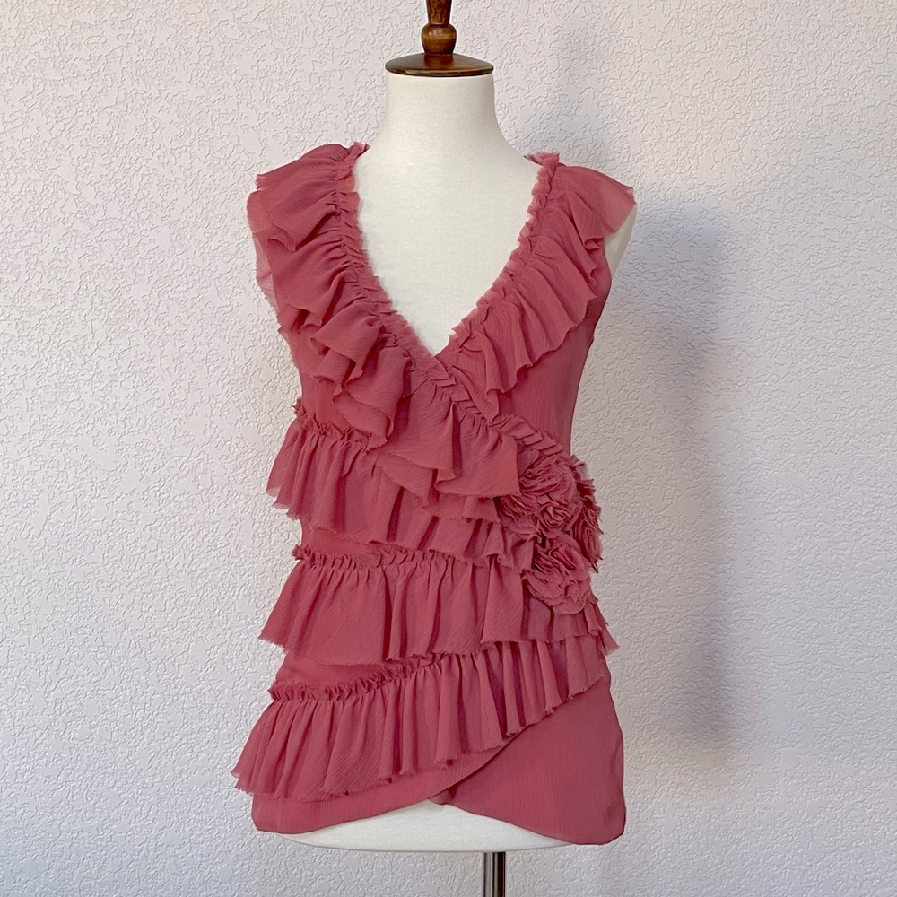 Anthropologie Deletta brand rose pink ruffle front and rosette tank size S